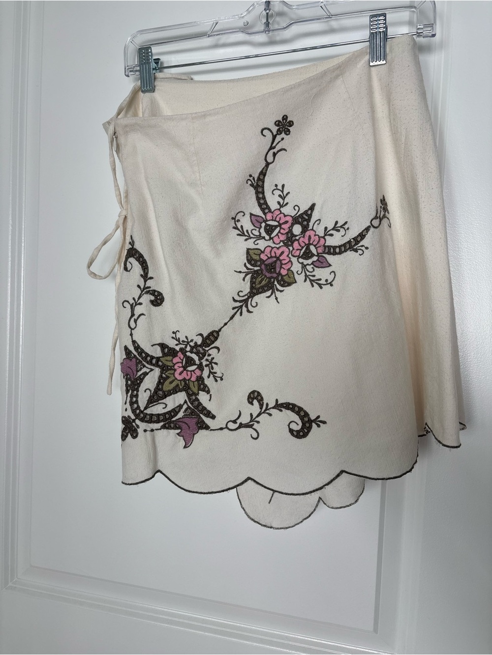 Anthropologie Cream Wrap Skirt with Pink & Olive Embroidery - Picture 3 of 3